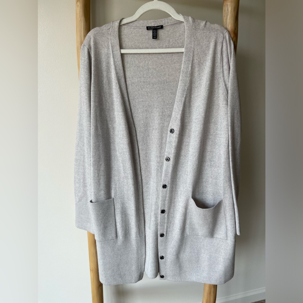 Eileen Fisher Fine Merino Wool Long V Neck Cardigan with Pockets Light Gray L - Picture 11 of 11
